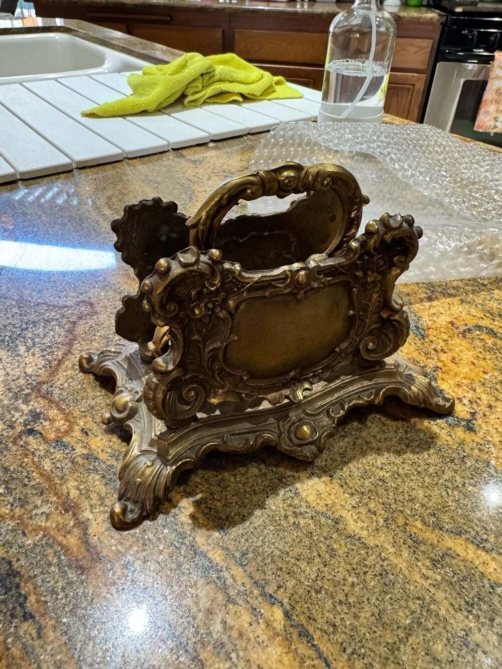 Vintage 1961 Ornate Brass Desk Letter or Napkin Holder Rococo Style